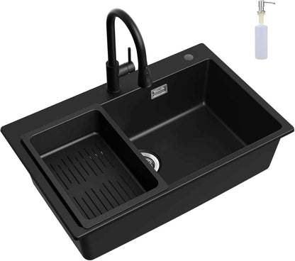 Évier De Cuisine Noir 70 X 45 X 20 Cm Avec Robinet Noir Extensible En Granit Avec Bonde Et Trop-Plein, 1 Bac Encastrable À Partir De 80 Cm De Largeur D'Armoire, Évier De Cuisine Avec Robinet