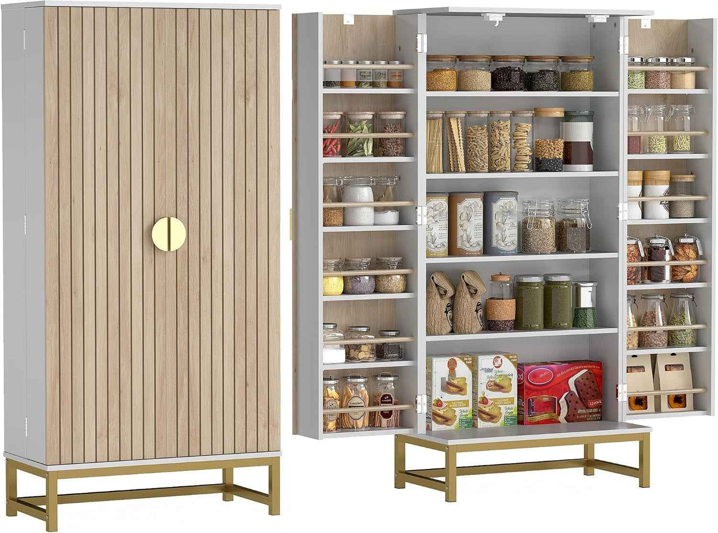 Buffet Cuisine Garde Manger 12 Étagères Portes 58X29X119,5Cm Blanc | Meuble Cuisine Rangement, Vaisselier, Étagères Réglables, Double Porte À Lattes, Pour Salle À Manger, Salon