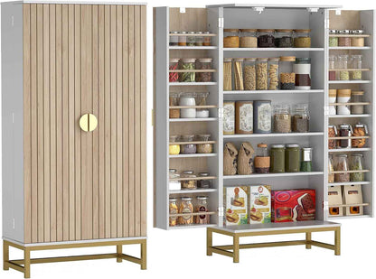 Buffet Cuisine Garde Manger 12 Étagères Portes 58X29X119,5Cm Blanc | Meuble Cuisine Rangement, Vaisselier, Étagères Réglables, Double Porte À Lattes, Pour Salle À Manger, Salon
