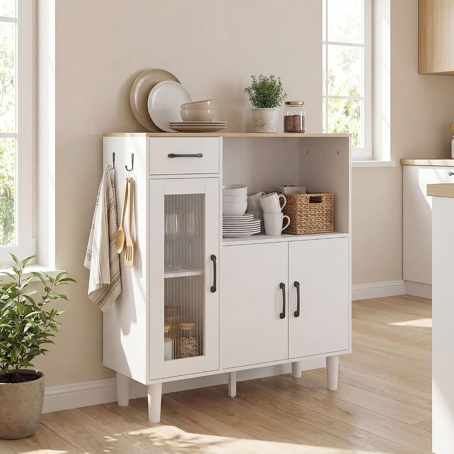Buffet Cuisine 1 Tiroir 3 Portes 80 X 34 X 91 Cm Blanc Et Chêne | Meuble De Rangement, 1 Porte En Acrylique Cannelée, Étagère Ouverte, Style Moderne, Pour Salon Et Chambre