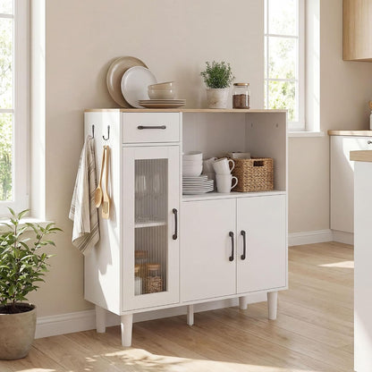 Buffet Cuisine 1 Tiroir 3 Portes 80 X 34 X 91 Cm Blanc Et Chêne | Meuble De Rangement, 1 Porte En Acrylique Cannelée, Étagère Ouverte, Style Moderne, Pour Salon Et Chambre