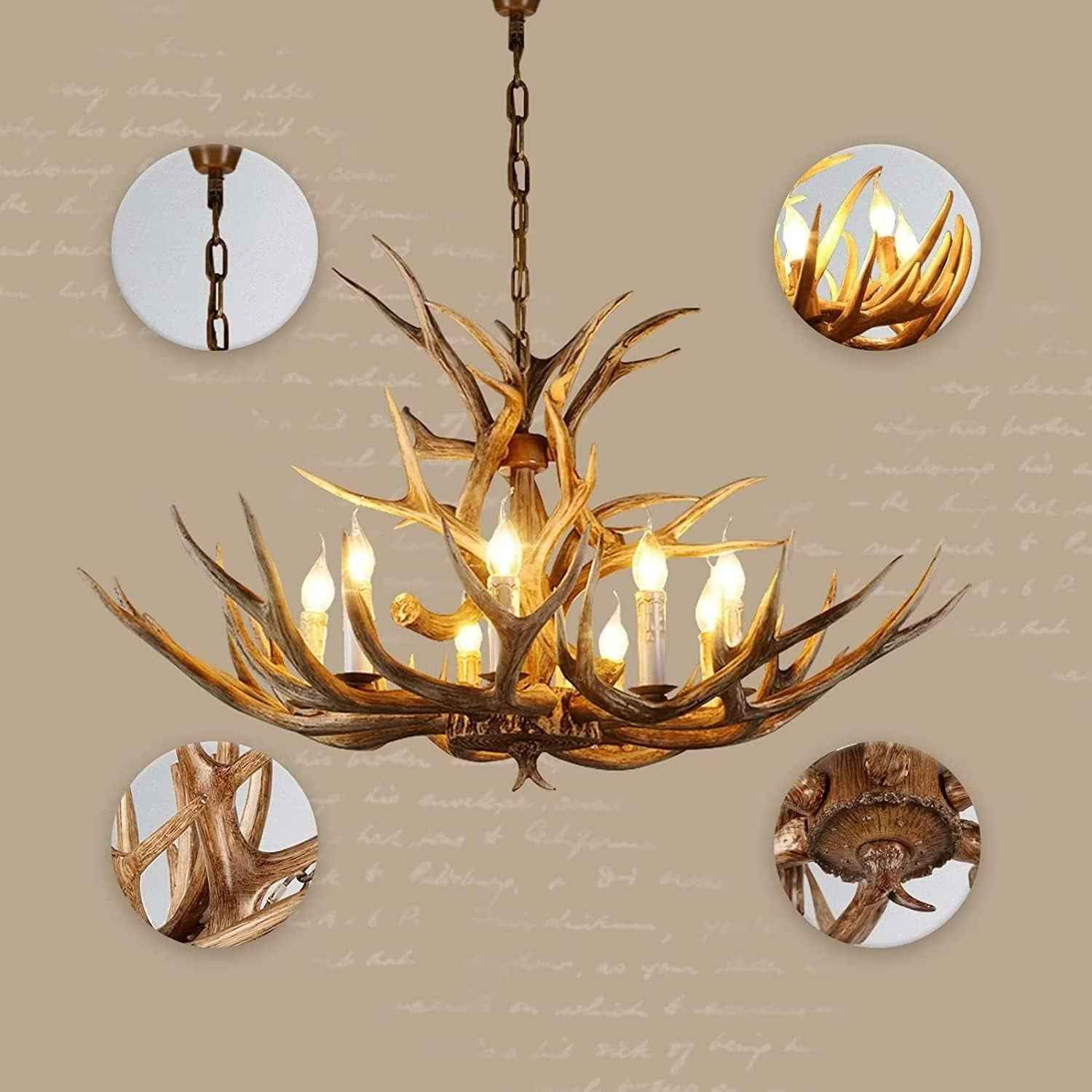 Lustre En Bois De Cerf, Lustre En Bois De Cerf À 8 Lumières En Résine, Lustre En Bois De Cerf Créatif Pour Le Salon, La Cabane, La Salle À Manger, Le Café, La Cuisine.