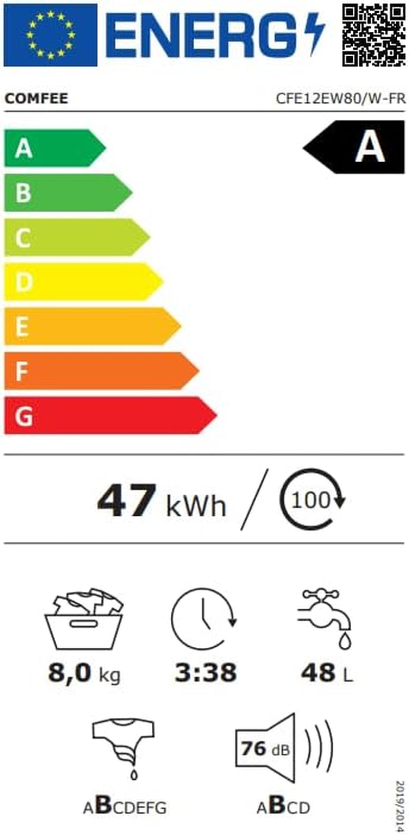 ' Lave-Linge 8KG Classe a Moteur BLDC 1400RPM Blanc CFE12EW80/W-FR | 15 Programmes, Prélavage, Lavage À La Lapeur, Lavage Rapide, Design Slim 48 Cm, Frontal Machine À Laver