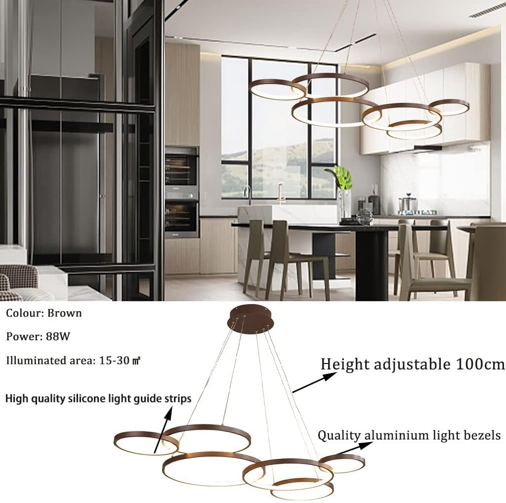 Luminaire Suspendu LED Grand Lustre De Table D'Intérieur Hauteur Réglable Suspension Lampe De Salon Dimmable Avec Télécommande Lampes À Anneaux Modernes En Aluminium Plafonnier De Café Restaurant