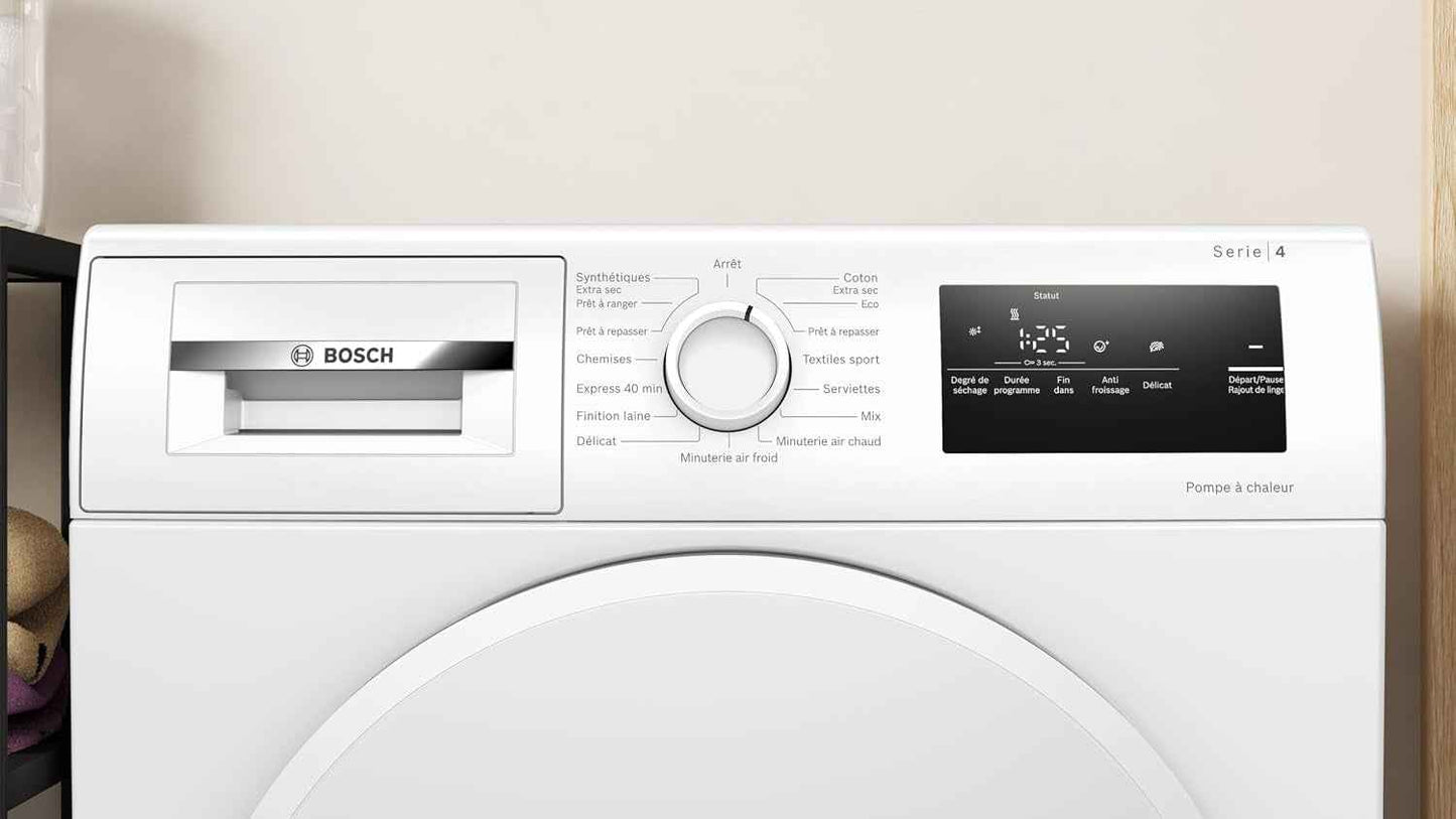 Bosch WTH8300DFR Série 4 - Sèche-Linge, Écran LED, Filtre Easyclean | Blanc, 8 Kg, Pompe À Chaleur, Autodry, Séchage Rapide 40 Minutes