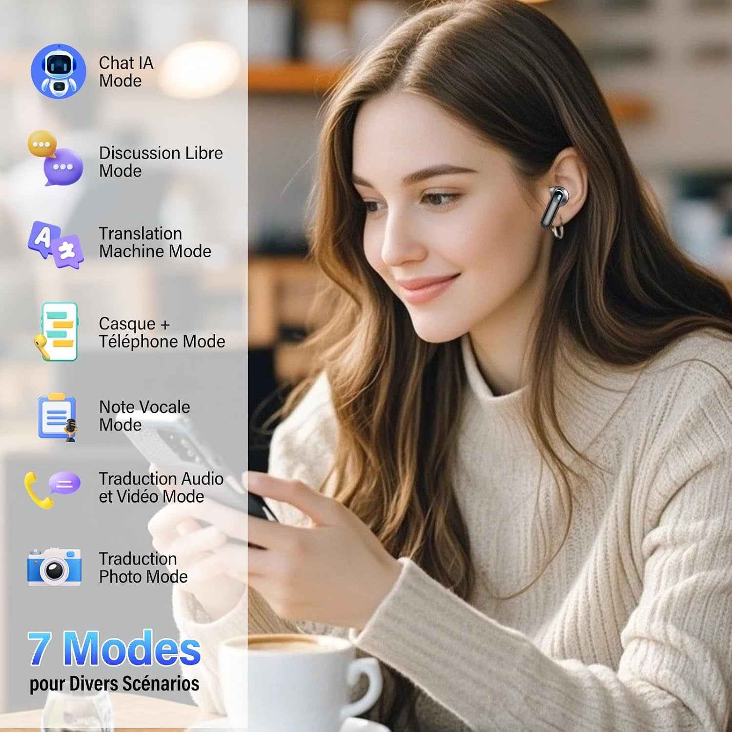 AI Écouteur Traducteur Instantané 164 Langues, ANC/ENC Réduction Du Bruit | 7 Modes De Traduction, Écran Tactile LED, IPX7 Étanche, 48H Autonomie, Casque Musique/Appels/Traducteur