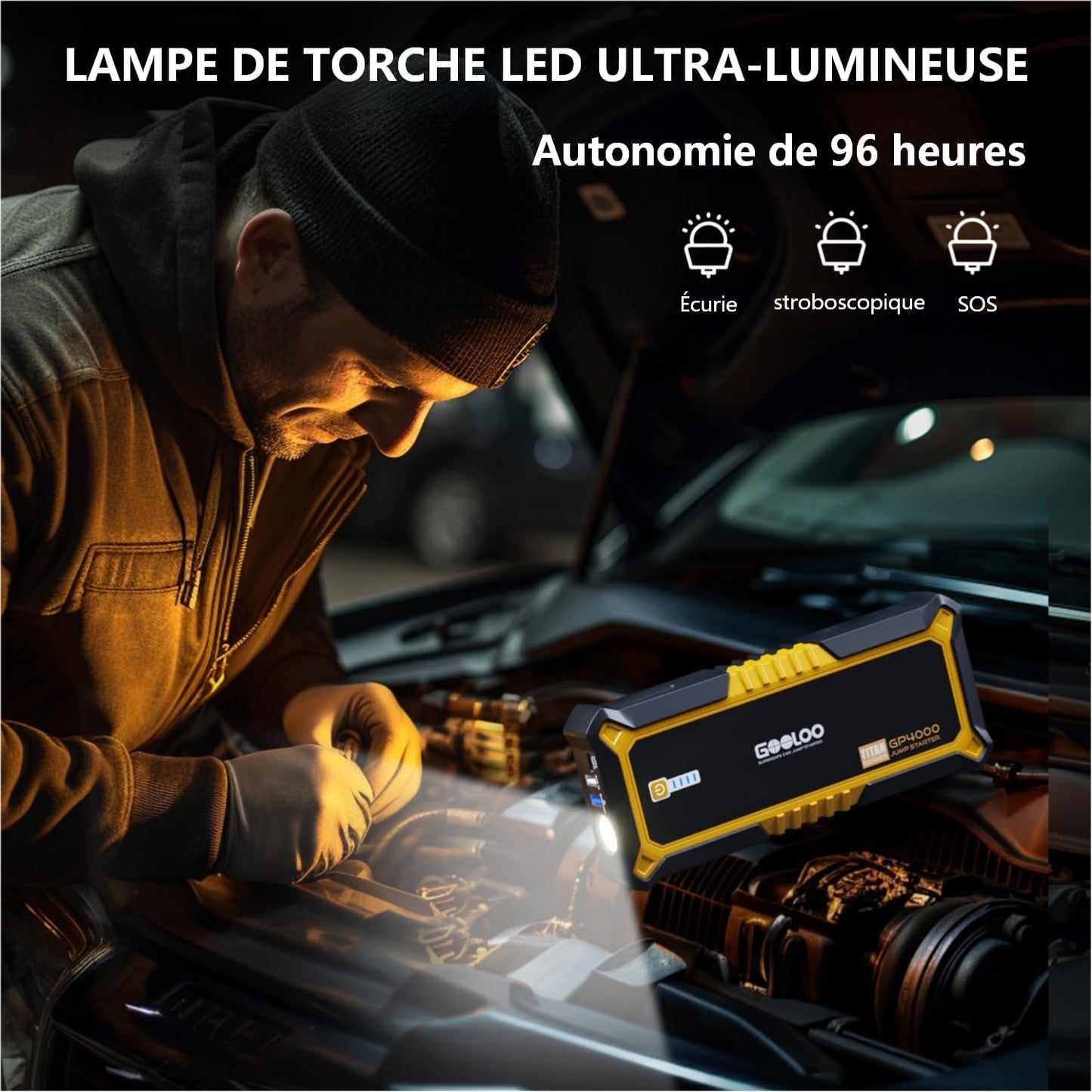 GP4000 Booster Batterie 4000A,12V Jump Starter | Démarreur Voiture Portable, Tous Essences 10L Diesel, Pinces Intelligentes Supersafe, Lampe LED, Charge Rapide QC3.0