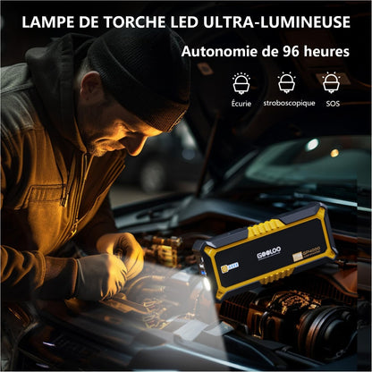 GP4000 Booster Batterie 4000A,12V Jump Starter | Démarreur Voiture Portable, Tous Essences 10L Diesel, Pinces Intelligentes Supersafe, Lampe LED, Charge Rapide QC3.0