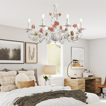 Lustre Blanc Vintage,Lustre Salon En Métal Avec Rose En Céramique Fleurs,Suspension Luminaire À Bougies E14 Française Pour Chambre Salon Enfant Chambre Salle À Manger,8 Lumières