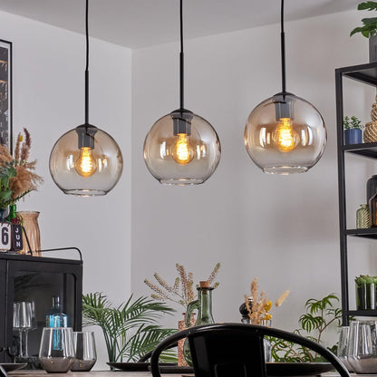 Koyoto Suspension À 3 Ampoules En Métal/Verre Noir/Ambre/Transparent, Suspension Moderne Au Design Rétro/Vintage (Abat-Jour Ø 20 Cm), E27, Salle À Manger, Salon, Cuisine