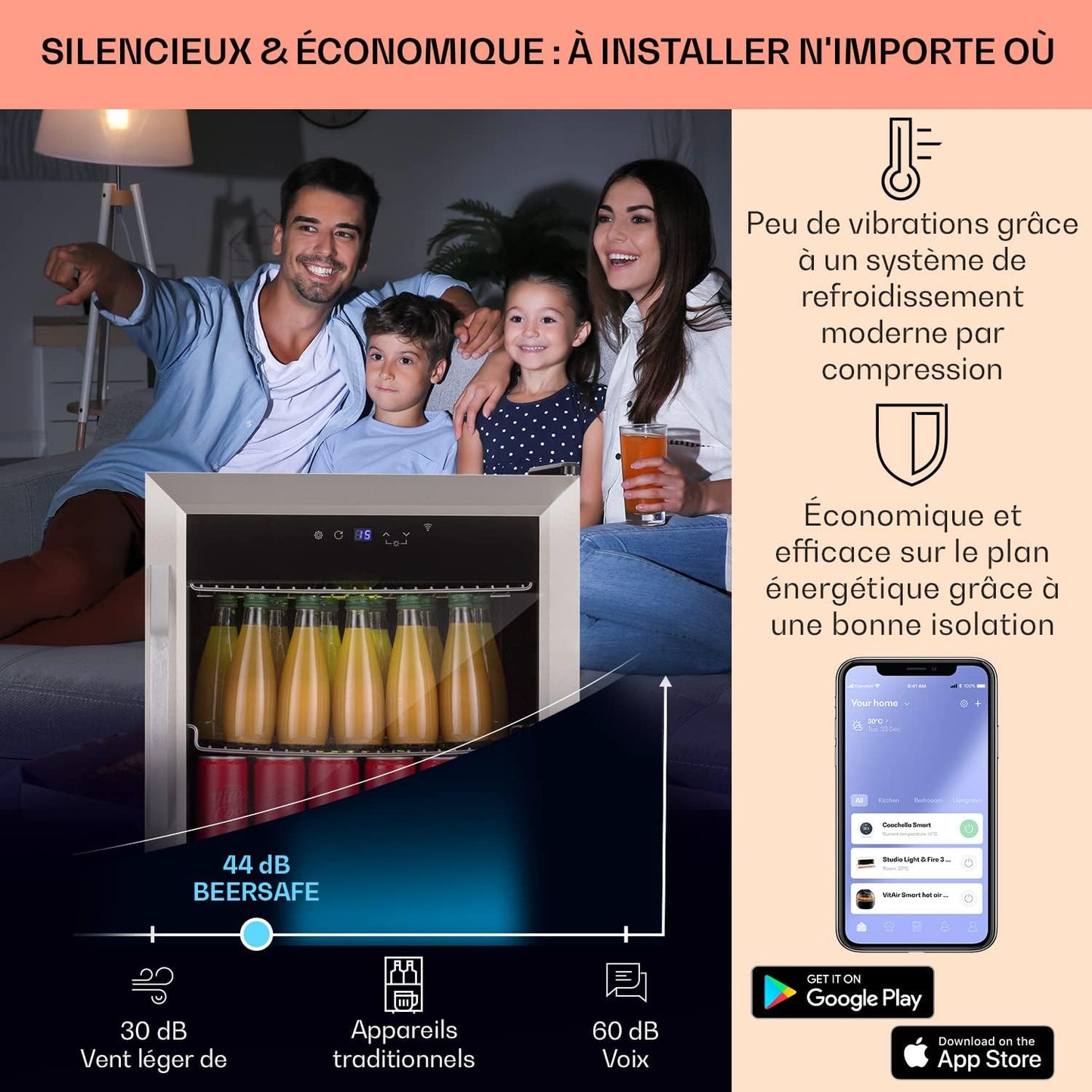 Mini Frigo De Chambre, Frigo À Bière, Mini Bar, Refrigerateur Aliments, Boissons, Contrôle Iot/App, Petit Réfrigérateur Camping Silencieux, Frigo Cosmetique, Etagères Amovibles, 0-13°C, 50L
