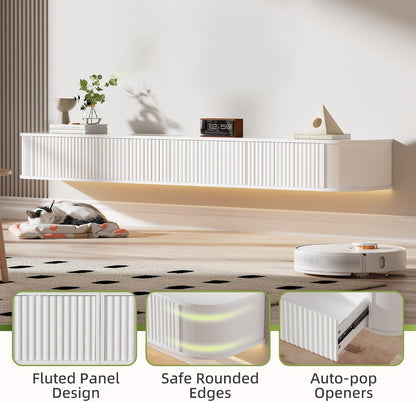 Meuble TV Suspendu Flottant Avec Lumières LED RGB – Meuble TV Mural Moderne Blanc 180 Cm Longueur, Profondeur 31 Cm Pour Rangement Amélioré, Pour Téléviseurs 65 À 75 Pouces