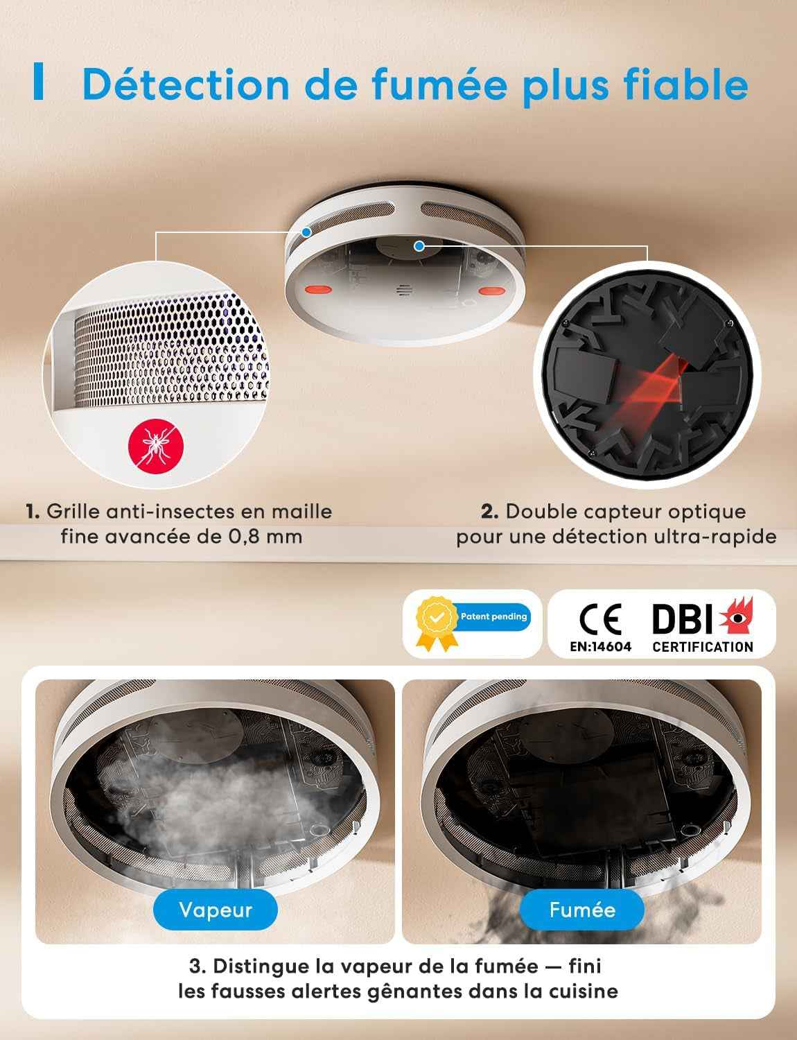 Matter Détecteur De Fumée Connecté Avec Hub MSH450, Alarme Incendie Intelligente Wifi Avec Notification App, LED Rouge D’Évacuation, Avec Apple Home, Home Assistant, Conforme EN14604, 1 Pièce