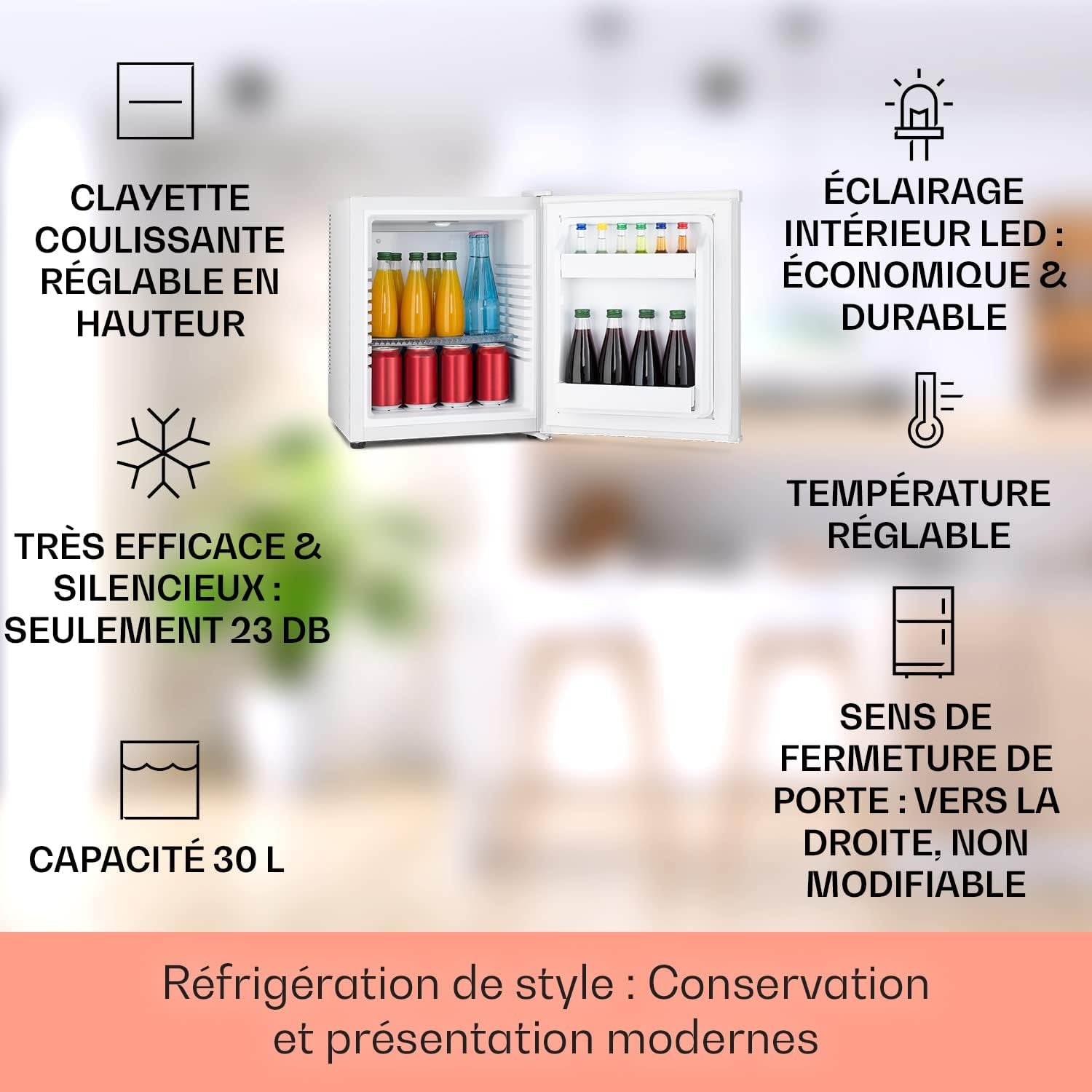 Mini Frigo De Chambre De 30L Pour Snacks Et Boissons, Petit Frigo Top Silencieux, Mini Bar, Petit Réfrigérateur Camping, Mini Frigo Cosmetique, Refrigerateur Avec Étagères Réglables, 5-15°C