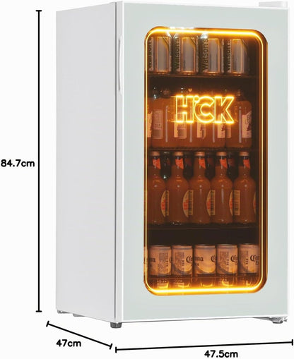 Réfrigérateur Pour Boissons De 98 L, Mini Réfrigérateur Avec Éclairage Orange 3D Et Porte En Verre, Réfrigérateur Compact De 105 Canettes Avec Étagères Réglables Pour Soda, Bière Ou Vin(Blanc)