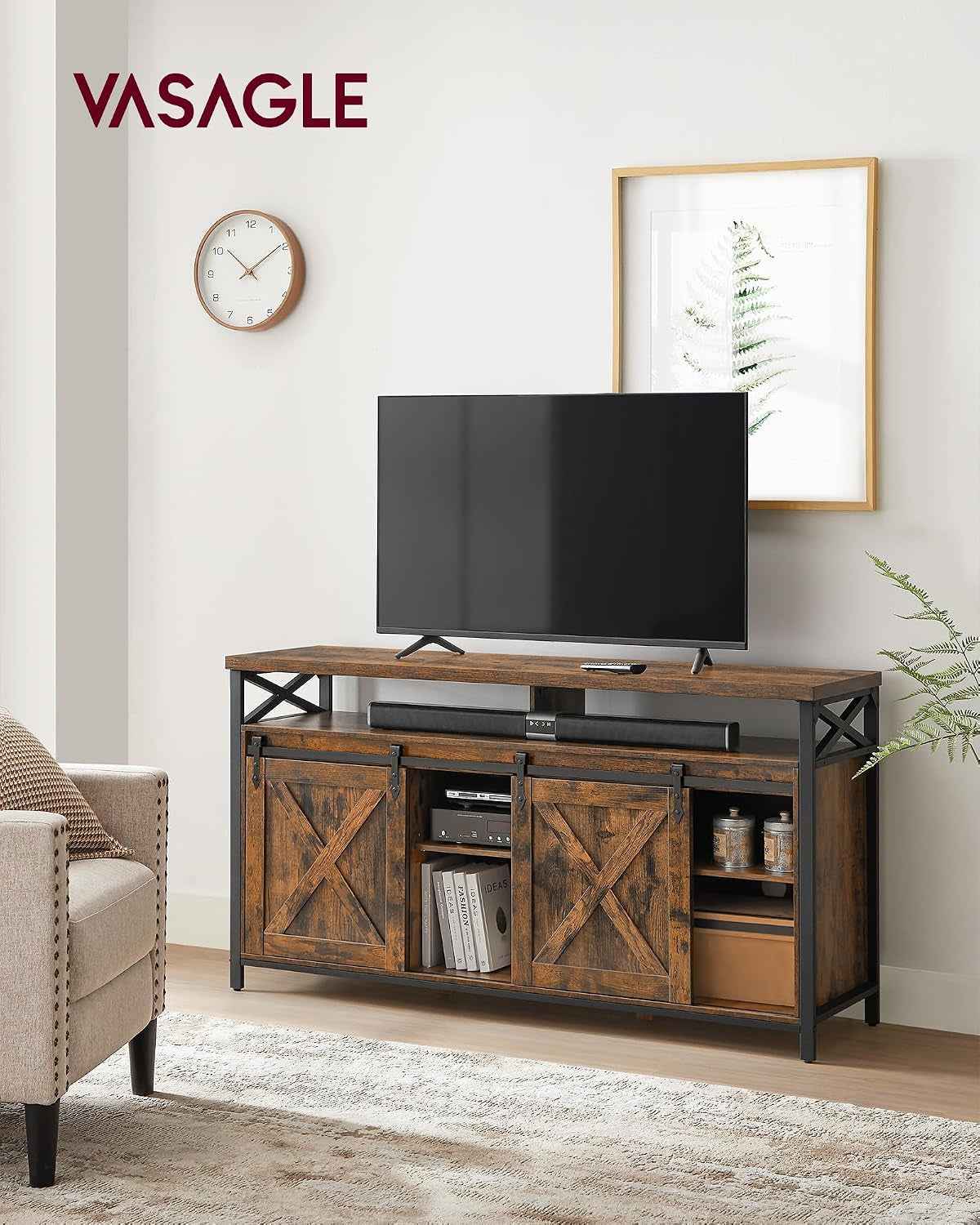 Meuble TV, Support Pour Téléviseur Jusqu’À 65 Pouces | Avec Étagères Réglables, Portes Imitation Grange, Cadre En Métal, Marron Rustique Et Noir Mat LTV071B01V1