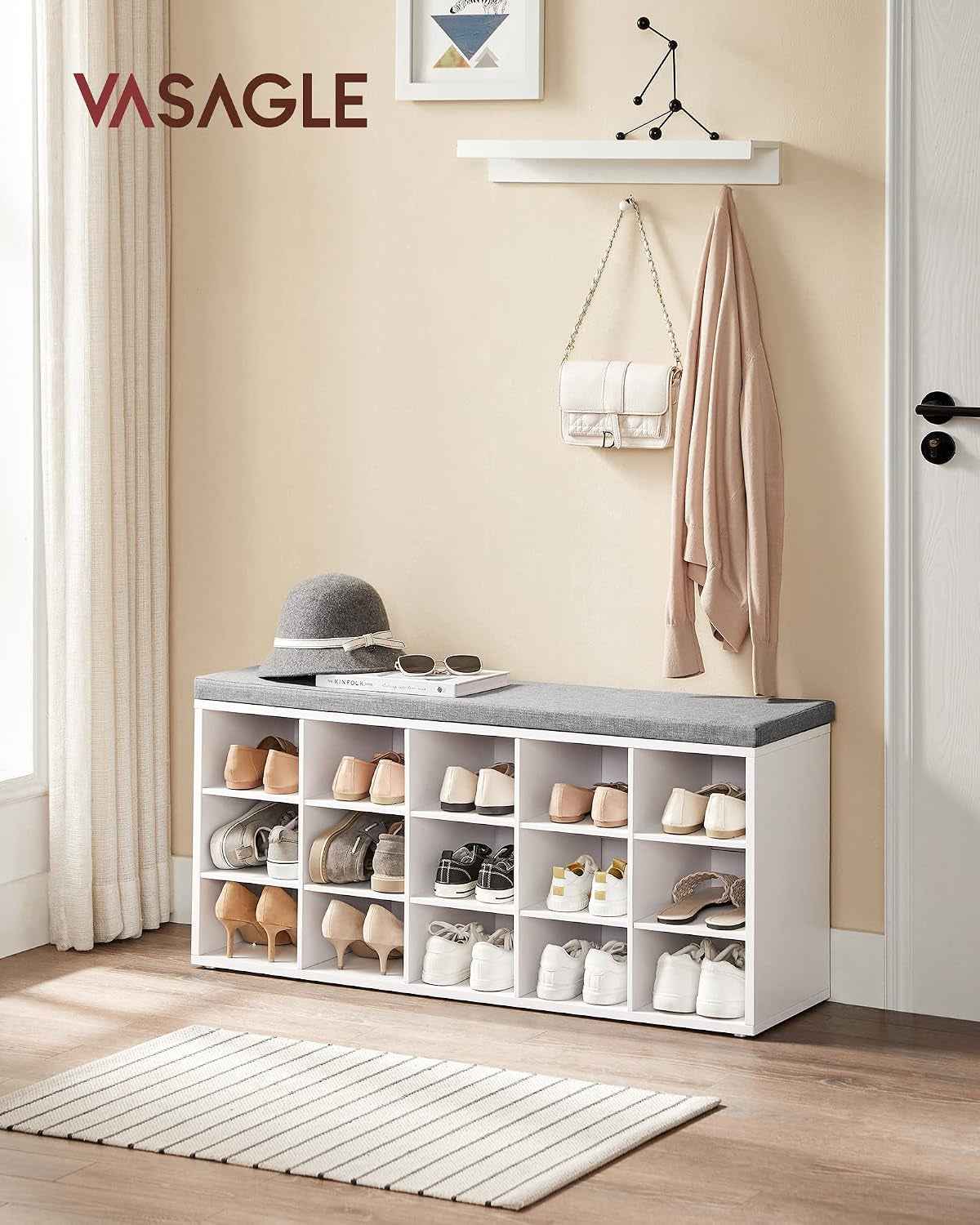 CUSTOS Collection - Banc À Chaussures, Organiseur De Chaussures Avec 15 Compartiments, Siège Rembourré, Pour Entrée, Couloir, Placard, Blanc Nuage Et Gris Tourterelle LHS015WB02