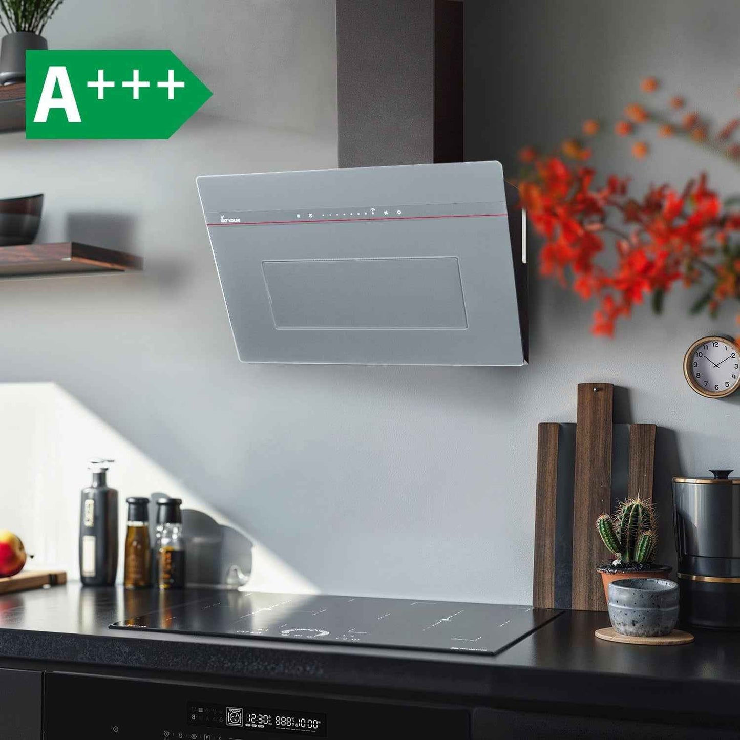 Hotte Murale Inclinée 90 Cm A+++ 782 M³/H Évacuation/Recyclage | Verre Gris Mat | Fonction Arrêt Différé | Smart Wifi App WLAN | Commandes Sensortouch | Éclairage LED RGBW | PLOOM9005G