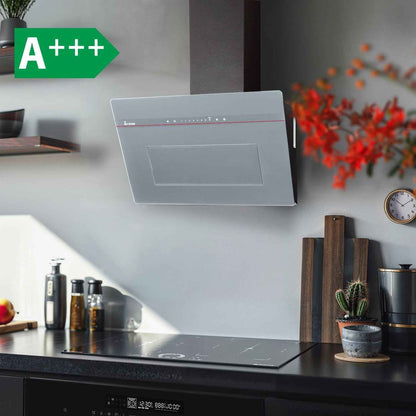 Hotte Murale Inclinée 90 Cm A+++ 782 M³/H Évacuation/Recyclage | Verre Gris Mat | Fonction Arrêt Différé | Smart Wifi App WLAN | Commandes Sensortouch | Éclairage LED RGBW | PLOOM9005G