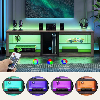 Meuble TV Bas Pour Téléviseurs 65" Et plus Petits, 160 X 35 X 52 Cm, Meuble TV Avec Lumières LED RVB, Table TV Avec Gestion Des Câbles Intégrée, Plateau En Verre Réglable