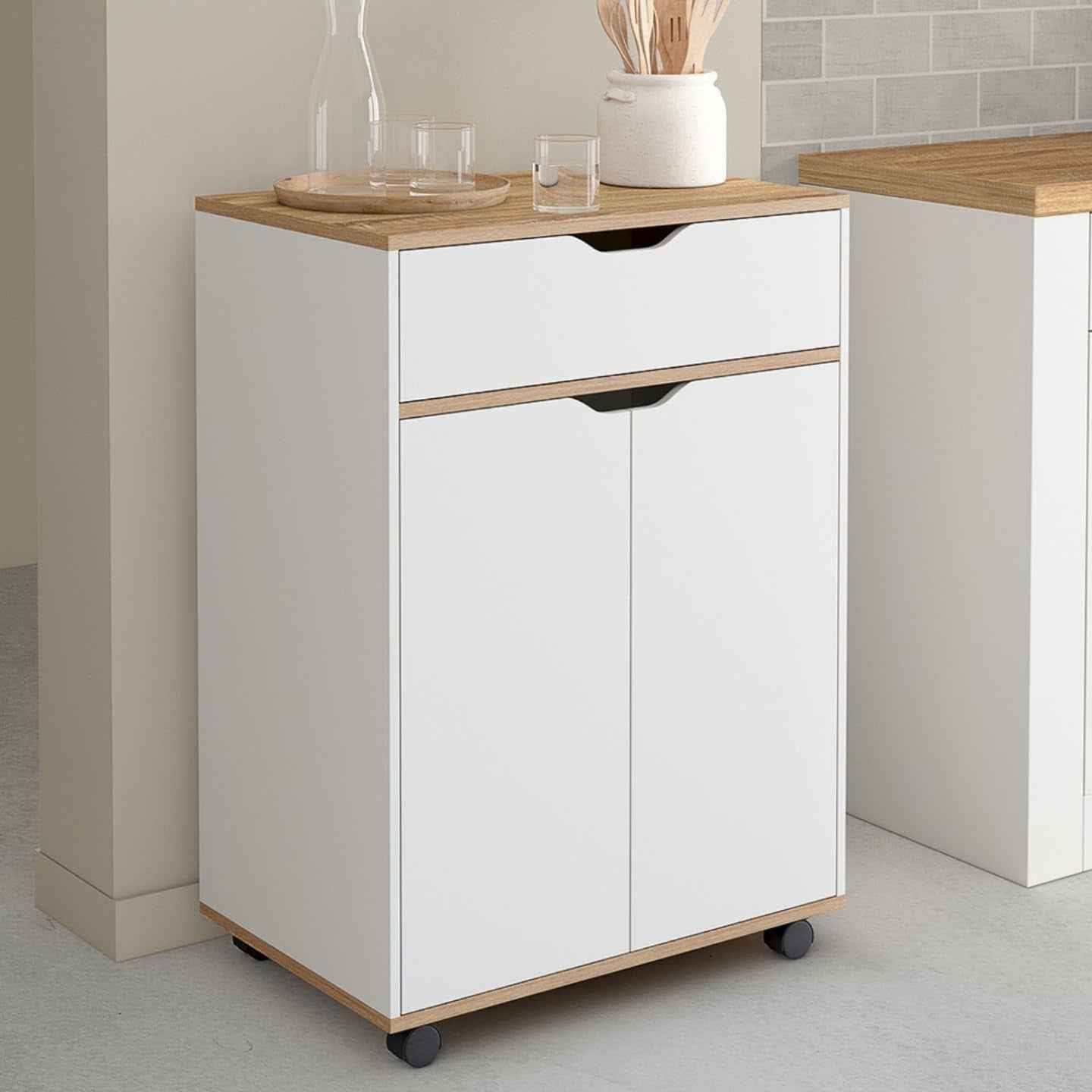 - Desserte De Cuisine Cosy Blanc Et Bois | Avec Placard Et Tiroir, L. 60 Cm