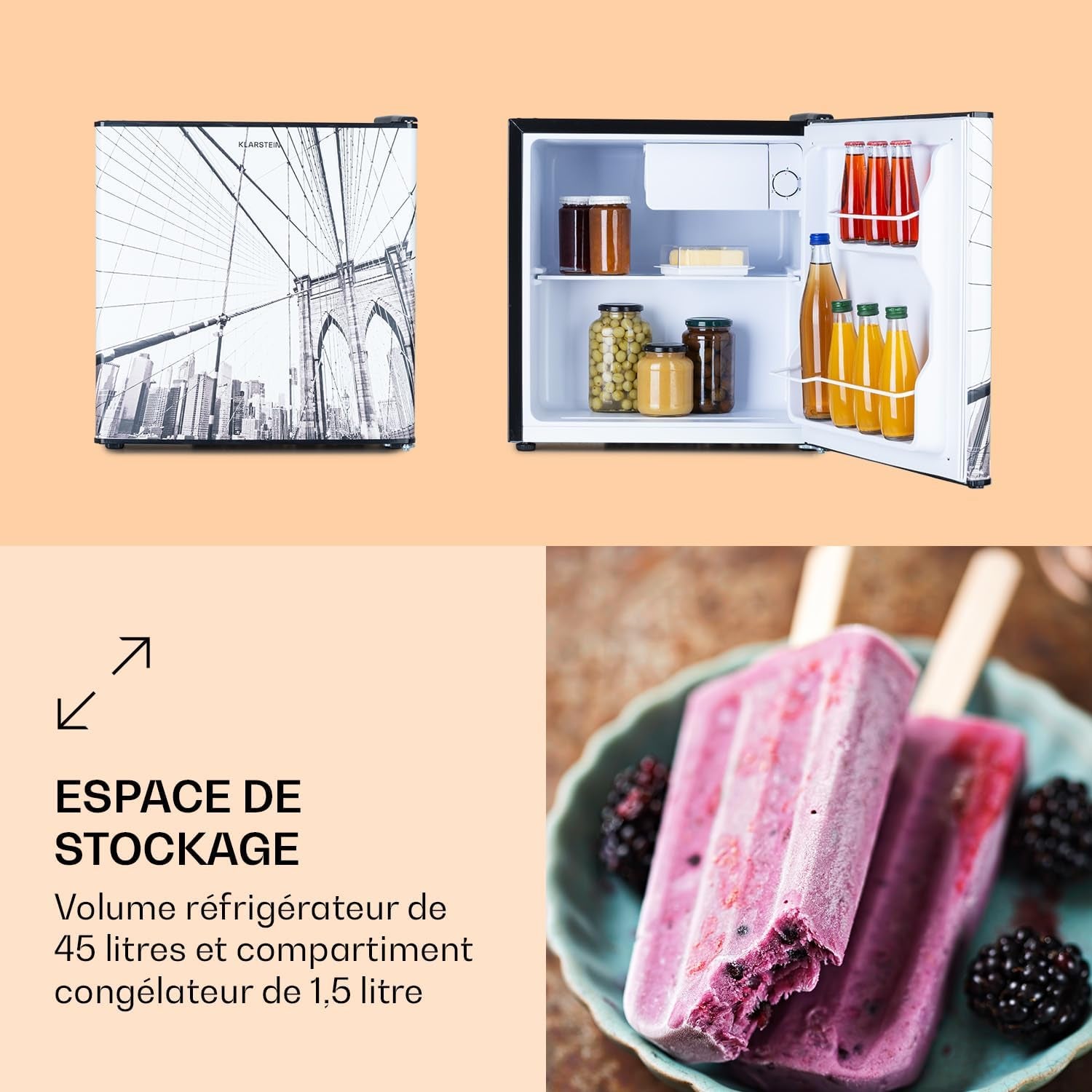 Coolart - Combiné Réfrigérateur-Congélateur, Réfrigérateur Avec 2 Niveaux De Refroidissement, Façade Design, Thermostat Avec 5 Niveaux, 0 À 10 ° C, Capacité 45 Litres - Design Grande Ville