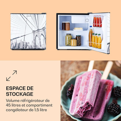 Coolart - Combiné Réfrigérateur-Congélateur, Réfrigérateur Avec 2 Niveaux De Refroidissement, Façade Design, Thermostat Avec 5 Niveaux, 0 À 10 ° C, Capacité 45 Litres - Design Grande Ville