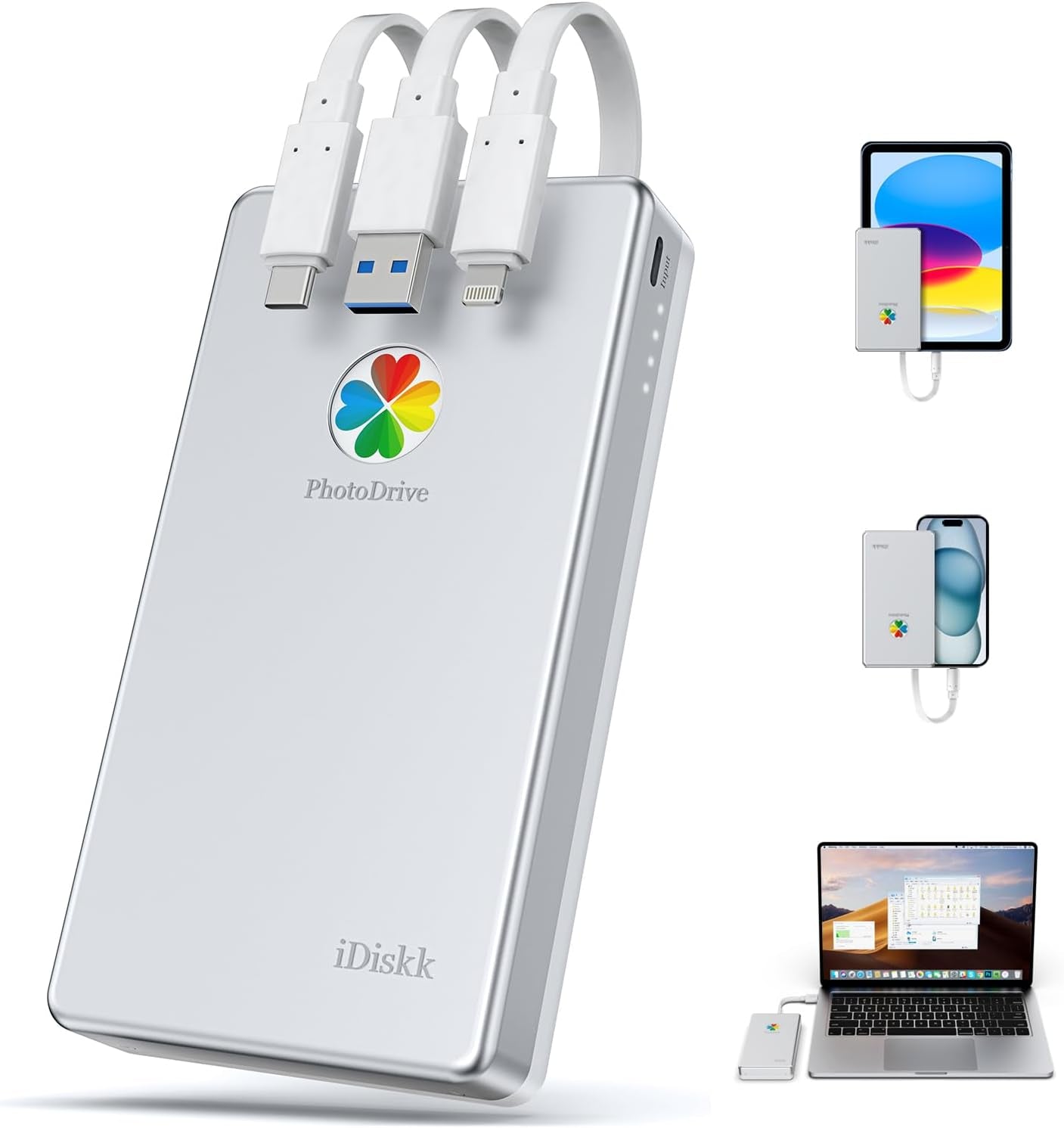 Disque Dur Externe Lightning 3 En 1 Certifié Mfi 2 to Pour Iphone Avec 3 Câbles Intégrés, Disque Dur Portable USB-C Pour Les Derniers Iphone/Ipad/Mac/Pc Et Téléphones Mobiles USB-C