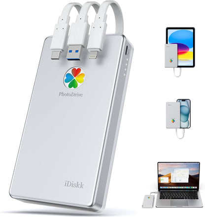 Disque Dur Externe Lightning 3 En 1 Certifié Mfi 2 to Pour Iphone Avec 3 Câbles Intégrés, Disque Dur Portable USB-C Pour Les Derniers Iphone/Ipad/Mac/Pc Et Téléphones Mobiles USB-C