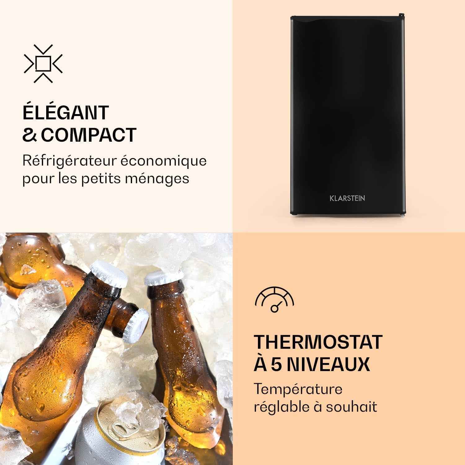 Alleinversorger - Réfrigérateur, Classe E, Congélateur, 5 Niveaux De Température, 2 Clayettes En Verre, Porte Interchangeable, Capacité : Réfrigérateur 90 L, Noir