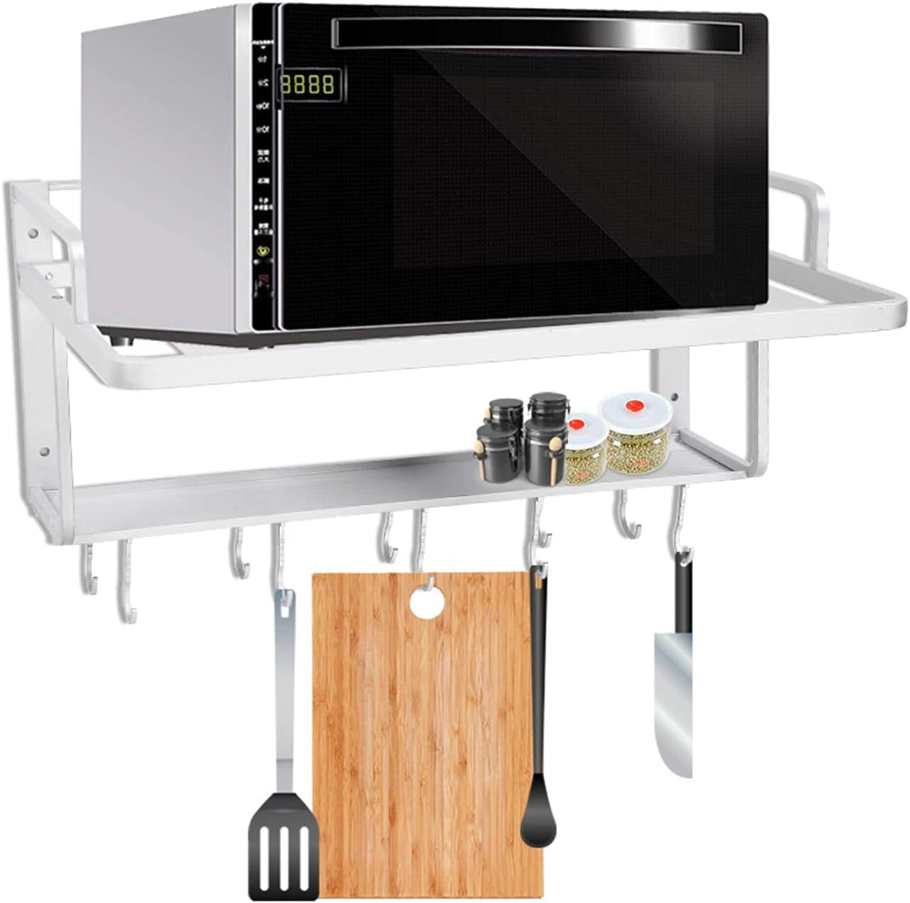 Etagere Micro Ondes Murale, Support De Four À Micro-Ondes, Étagère À Micro-Ondes, Support De Four À Double Couche En Aluminium, Avec Crochet Multifonction Pour Cuisine, 54,9 X 38,4 X 25 Cm