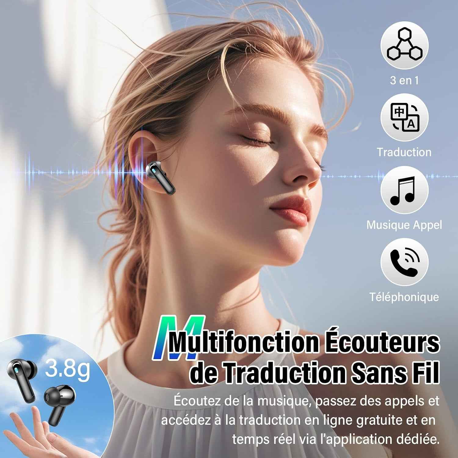 AI Écouteur Traducteur Instantané 164 Langues, ANC/ENC Réduction Du Bruit | 7 Modes De Traduction, Écran Tactile LED, IPX7 Étanche, 48H Autonomie, Casque Musique/Appels/Traducteur