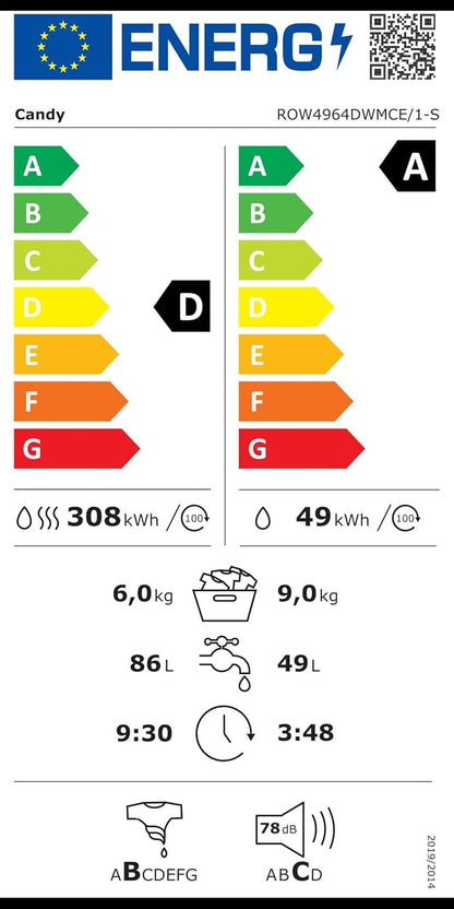 Rapidò ROW4964DWMCE/1-S Lave-Linge 9+6 Kg, 1400 Tours, Wi-Fi + BLE, Télécommande À Distance, Départ Retardé, Classe A, 60 X 58 X 85 Cm, Blanc