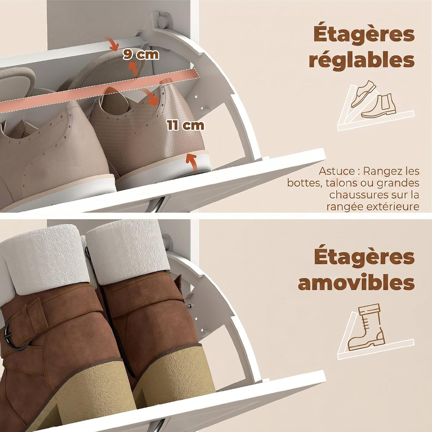 Meuble Chaussure 8 Paires Étroit, Tiroir 53 X 26,5 X 89 Cm Blanc | Armoire À Chaussures, 2 Portes Abattants, Étagère Réglable, Meuble D'Entrée Et Couloir
