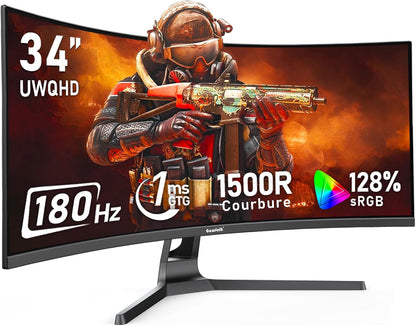 Écran PC Ultra Large 34 Pouces 1500R Incurvé 180Hz Gaming Computer Moniteur,21:9 Uwqhd(3440X1440)，128% Srgb，Freesync，Hdr，178 ° Angle Vue，Displayport、Hdmi，Vesa 75 * 75Mm-Noir