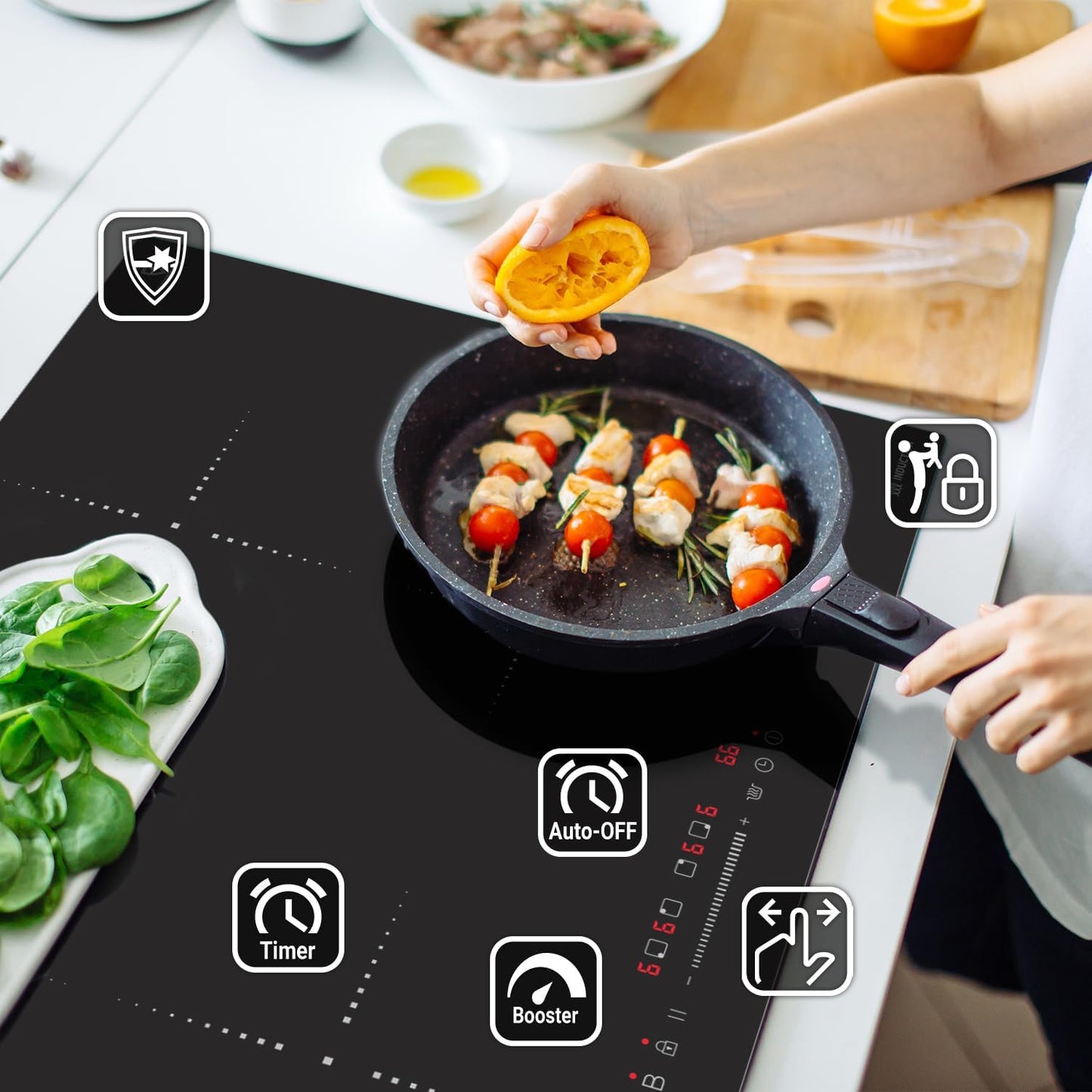 Cuisinière: 60Cm Four Encastrable BO8805SS + 77Cm Plaque Induction IH87704RL | Gril | Air Chaud | Timer Automatique | Double Vitrage D'Isolation Thermique | Sécurité Enfant | SET8805IH877RL