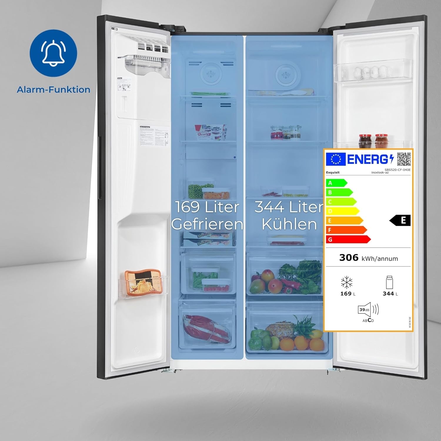 Exquisit SBS520-CF-040E Side by Side Kühlschrank, 91 Cm Breit, 513L, Nofrost, Ice-Maker, Festwasseranschluss, Inoxlook