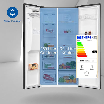 Exquisit SBS520-CF-040E Side by Side Kühlschrank, 91 Cm Breit, 513L, Nofrost, Ice-Maker, Festwasseranschluss, Inoxlook