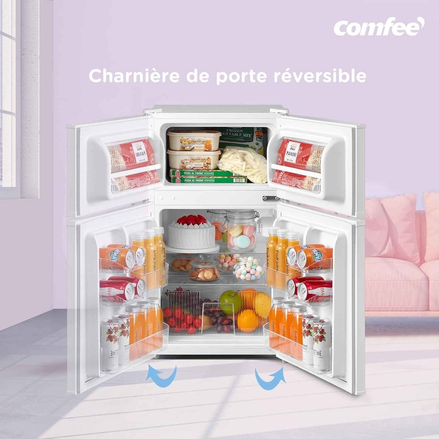 ' 87L Frigo Congelateur, Petit Frigo, Refrigerateur Combi, Blanc | Réfrigérateur Combi, Avec Éclairage, Étagères Amovibles, Thermostats Réglables, Portes Réversibles
