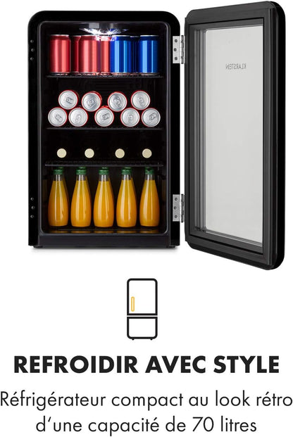 Poplife Refroidisseur De Boissons - Mini-Bar, Réfrigérateur Rétro, 0-10°C, Seulement 39 Db, 70 L, Écologique, Porte À Double Vitrage, Design Rétro, Noir