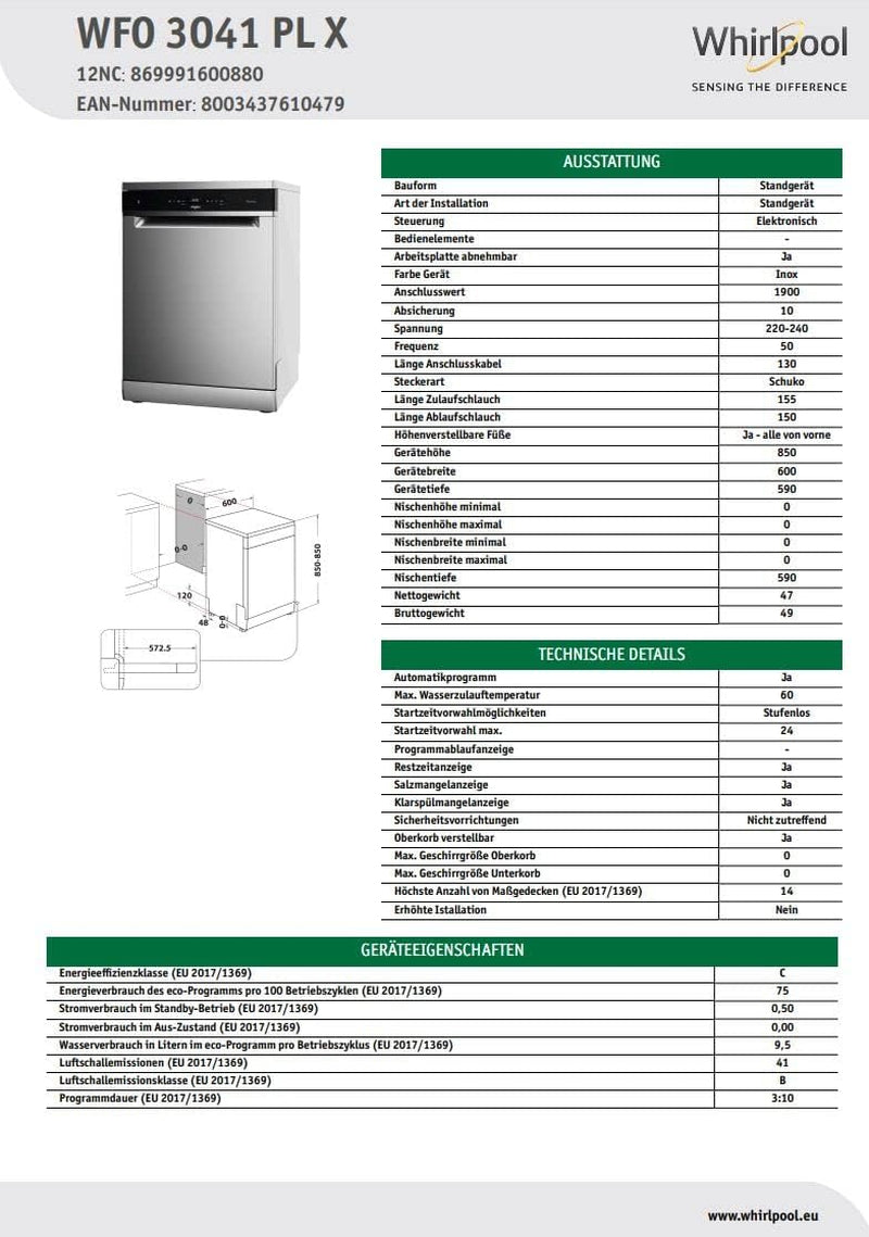 Whirlpool WFO 3O41 PL X, Lave-Vaisselle Pose Libre 60 Cm, C