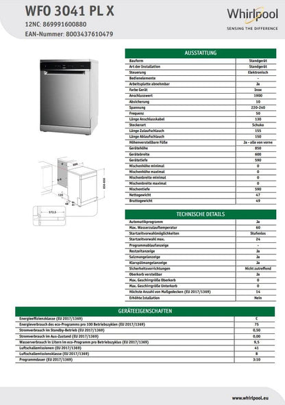 Whirlpool WFO 3O41 PL X, Lave-Vaisselle Pose Libre 60 Cm, C