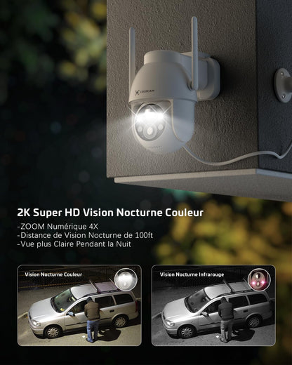 2K Camera Surveillance Wifi Exterieure Sans Fil | AI Détection Humaine, Vision Nocturne Couleur, Audio Bidirectionnel, 2.4Ghz Wifi, Cloud
