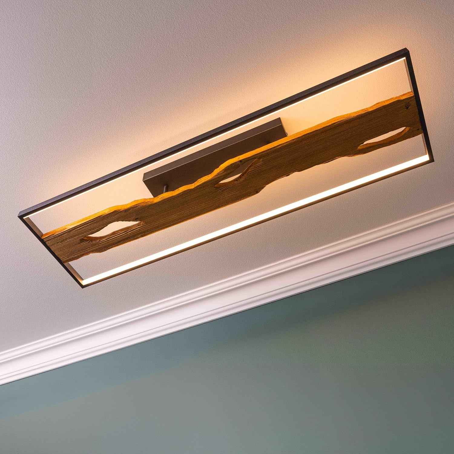 Deckenlampe Landhaus-Stil, Dimmbar, Holzoptik, Lampe | Plafonnier LED, 100X14X30 Cm, 6600 Lm 3000 K, Métal/Bois/Plastique