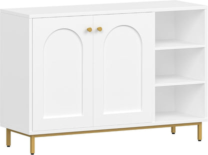 Meuble De Salle De Bain Avec 2 Portes, 3 Compartiments Ouverts | Meuble De Rangement Et Étagères Réglables, Armoire Sur Pied, Pour Salon, Entrée, 35 X 100 X 75 Cm, Blanc-Or SC10203G