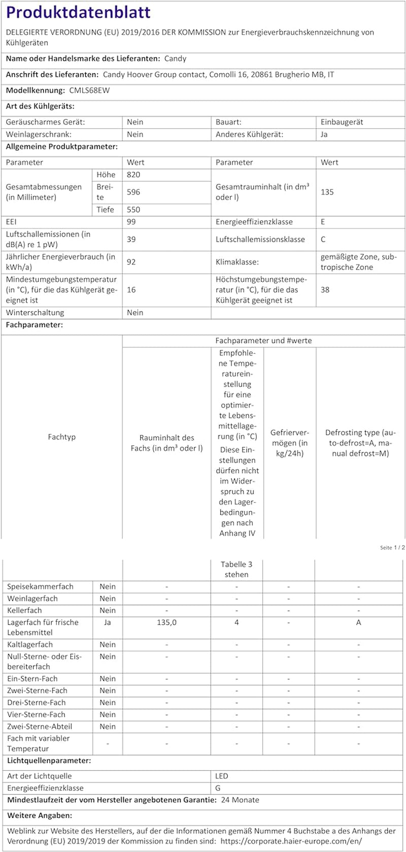 Réfrigérateur Encastrable -  - CMLS68EW - Classe E - 135 L - 39 Db - Blanc