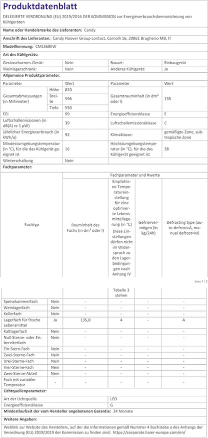 Réfrigérateur Encastrable -  - CMLS68EW - Classe E - 135 L - 39 Db - Blanc