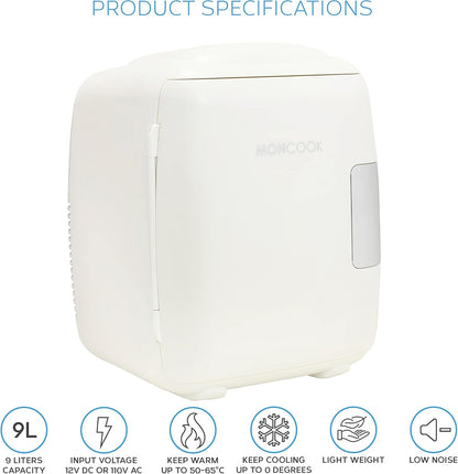 MONCOOK Mini Réfrigérateur - Mini Réfrigérateurs Portables Pour Les Soins De La Peau, La Médecine, La Nourriture Et Les Boissons - Fonction De Refroidissement Et De Réchauffement - 9L - Mono Blanc