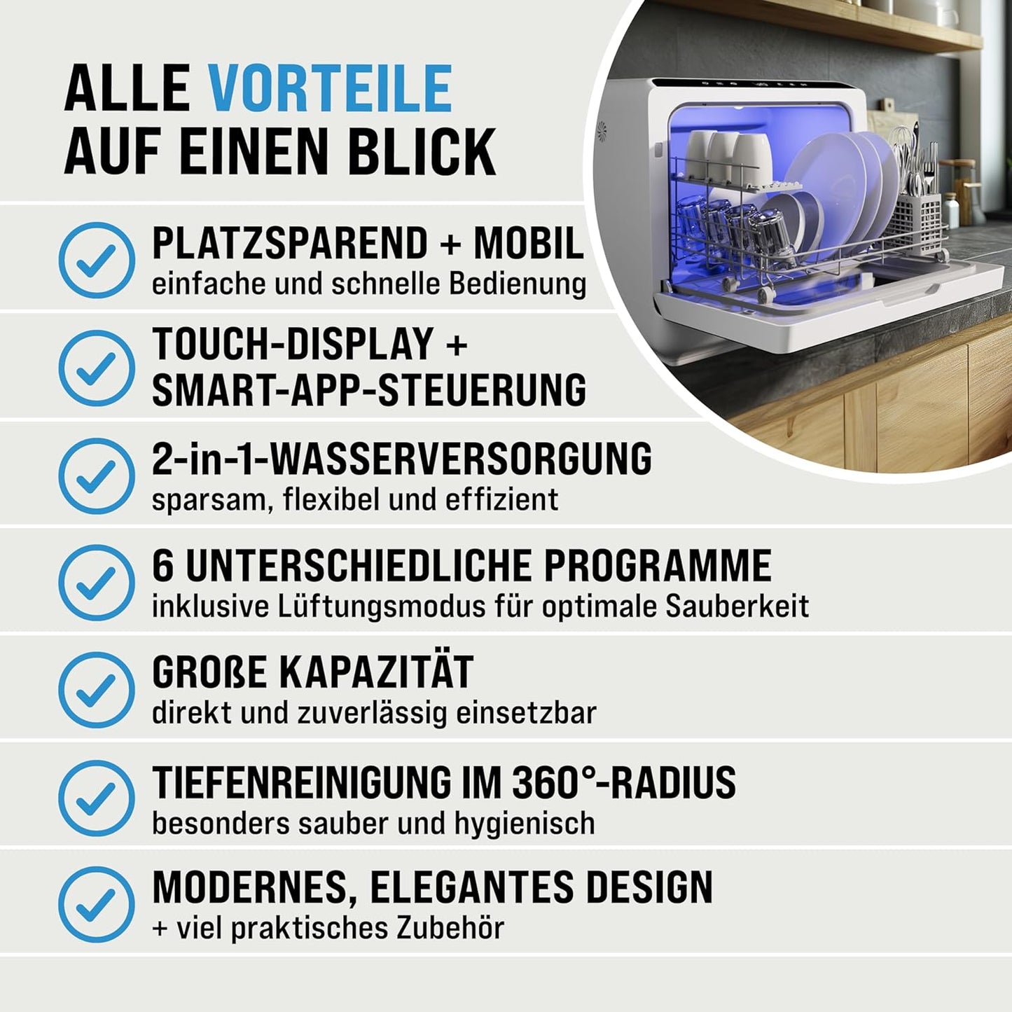 MONZANA® Mini Lave-Vaisselle Noir-Blanc Réservoir D'Eau 4,5L Lave Vaisselle De Table 3 Couverts App WIFI Étudiants Couples