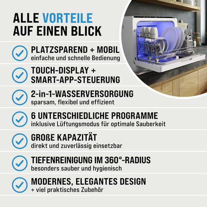 MONZANA® Mini Lave-Vaisselle Noir-Blanc Réservoir D'Eau 4,5L Lave Vaisselle De Table 3 Couverts App WIFI Étudiants Couples
